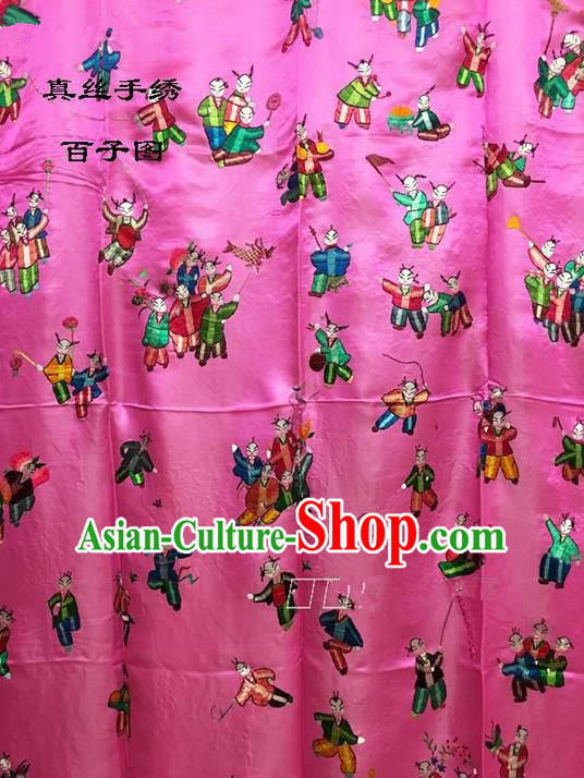 Traditional Asian Chinese Handmade Embroidery Hundred Sons Quilt Cover Silk Tapestry Pink Fabric Drapery, Top Grade Nanjing Brocade Bed Sheet Cloth Material