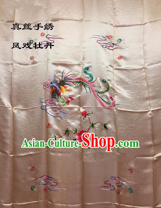 Traditional Asian Chinese Handmade Embroidery Phoenix Peony Quilt Cover Silk Tapestry Light Pink Fabric Drapery, Top Grade Nanjing Brocade Bed Sheet Cloth Material