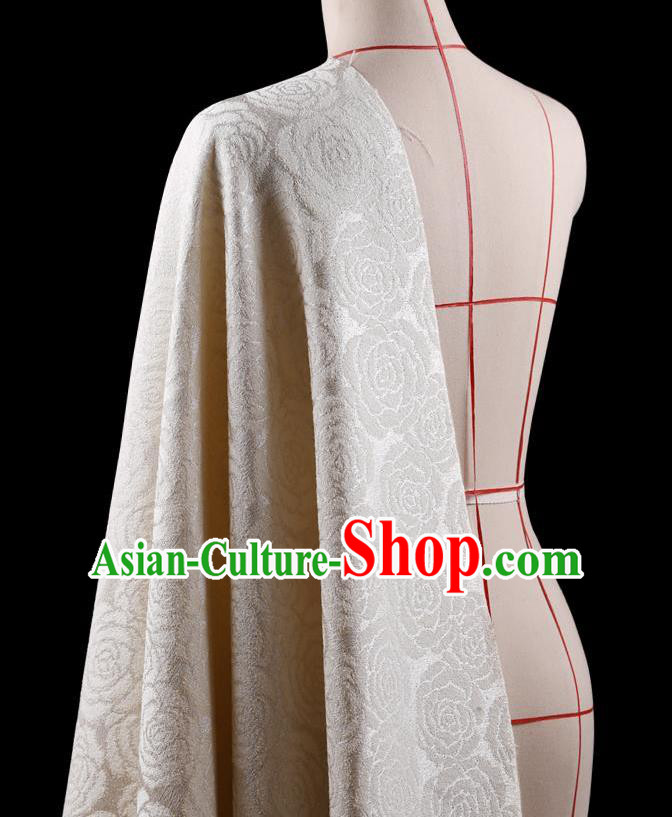 Traditional Asian Chinese Handmade Embroidery Rose Flower Jacquard Weave Coat Silk Tapestry White Fabric Drapery, Top Grade Nanjing Brocade Ancient Costume Cheongsam Cloth Material