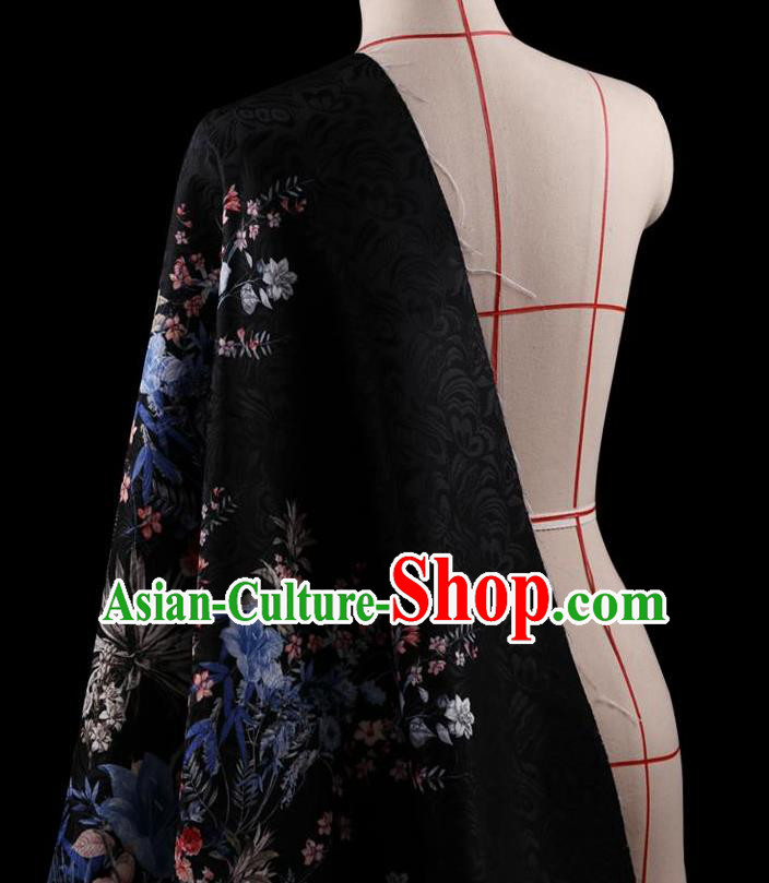 Traditional Asian Chinese Handmade Printing Flower Jacquard Weave Dress Black Silk Satin Fabric Drapery, Top Grade Nanjing Brocade Ancient Costume Cheongsam Cloth Material