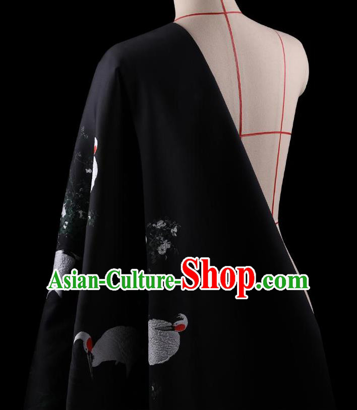 Traditional Asian Chinese Handmade Printing Cranes Dress Silk Satin Black Fabric Drapery, Top Grade Nanjing Brocade Ancient Costume Cheongsam Cloth Material