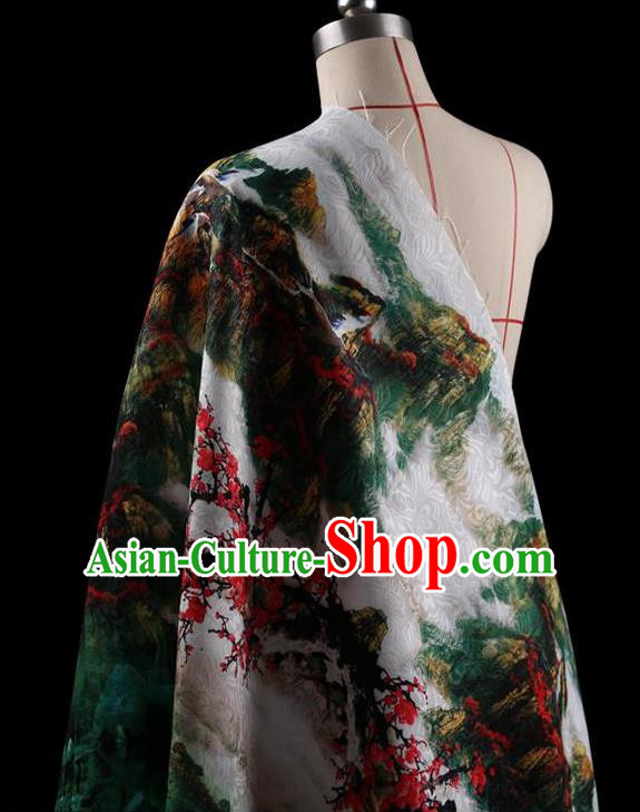 Traditional Asian Chinese Handmade Printing Landscape Dress Silk Satin Fabric Drapery, Top Grade Nanjing Brocade Ancient Costume Cheongsam Cloth Material