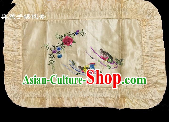 Traditional Asian Chinese Handmade Embroidery Mandarin Duck Silk Yellow Pillowslip, Top Grade Nanjing Brocade Pillow Cover