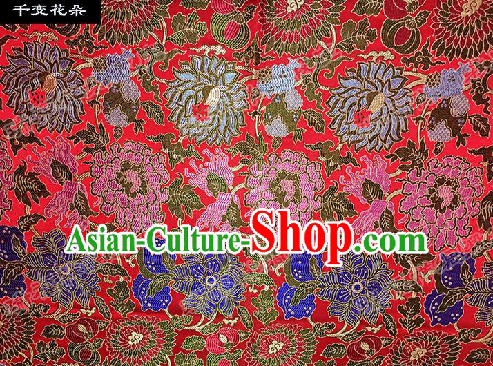 Traditional Asian Chinese Handmade Embroidery Flowers Silk Satin Tang Suit Red Fabric Drapery, Nanjing Brocade Ancient Costume Hanfu Cheongsam Cloth Material