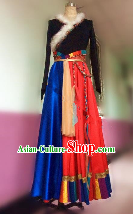 Traditional Chinese Zang Nationality Dance Dress, Mongols Female Folk Dance Ethnic Pleated Skirt, Chinese Tibetan Minority Nationality Embroidery Costume for Women