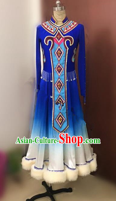 Traditional Chinese Uyghur Nationality Dancing Costume, Folk Dance Ethnic Blue Dress, Chinese Minority Nationality Uigurian Dance Costume for Women