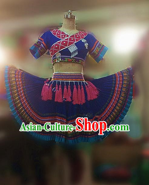 Traditional Chinese Miao Nationality Dancing Costume, Hmong Female Folk Dance Ethnic Pleated Skirt, Chinese Minority Nationality Embroidery Costume for Women