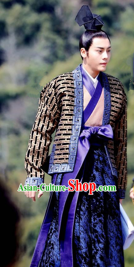 Asian Chinese Traditional Northern and Southern Dynasties Dandies Costume and Headpiece Complete Set, Lost Love In Times China Ancient Nobility Childe Robe Clothing for Men
