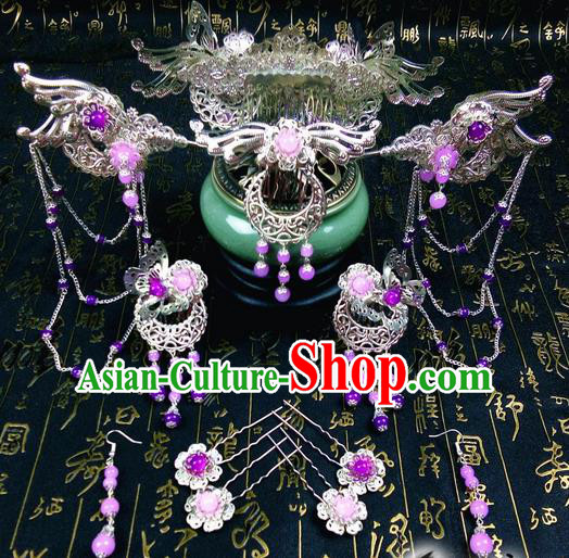 Traditional Handmade Chinese Ancient Classical Hair Accessories Complete Set, Phoenix Coronet Step Shake Tassel Hair Stick, Hair Fascinators Hairpins for Women