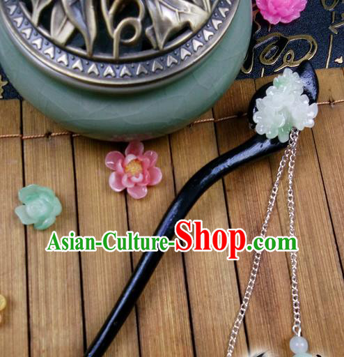 Traditional Handmade Chinese Ancient Classical Hair Accessories Peach Wood Hairpins, Green Flower Tassel Step Shake Hair Stick Hair Fascinators for Women