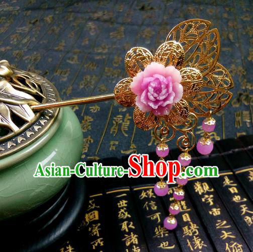 Traditional Handmade Chinese Ancient Classical Hair Accessories Butterfly Hairpins, Princess Pink Flower Tassel Step Shake Hair Stick Hair Fascinators for Women