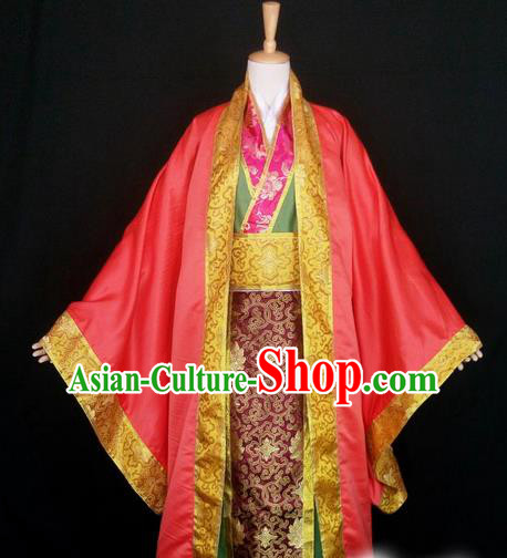 Asian Chinese Traditional Cospaly Han Dynasty Royal King Wedding Costume, China Elegant Hanfu Nobility Childe Red Robe Clothing for Men