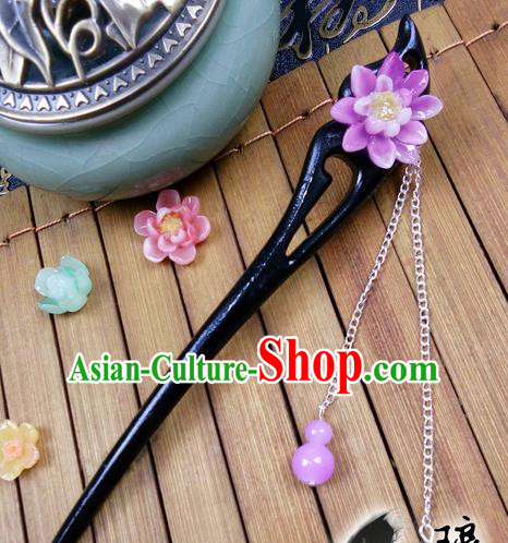 Traditional Handmade Chinese Ancient Classical Hair Accessories Ebony Hairpins, Princess Purple Flower Tassel Step Shake Headpiece for Women