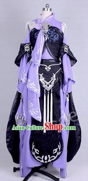 Asian Chinese Traditional Cospaly Costume Customization Kawaler Costume, China Elegant Hanfu Swordsman Purple Dress Clothing for Women