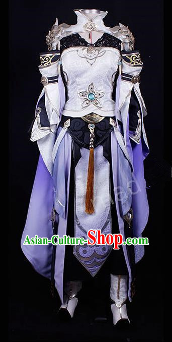 Asian Chinese Traditional Cospaly Costume Customization Female General Costume, China Elegant Hanfu Purple Dress Clothing for Women