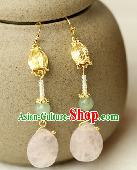 Chinese Ancient Style Hair Jewelry Accessories Wedding Imperial Consort Pink Jade Earrings, Hanfu Xiuhe Suits Bride Handmade Eardrop for Women