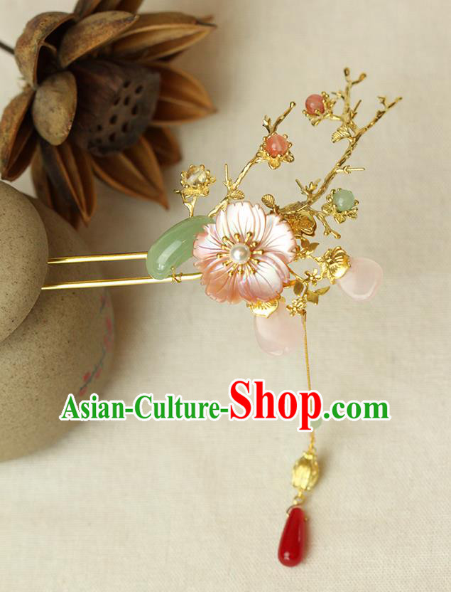 Chinese Ancient Style Hair Jewelry Accessories Wedding Barrettes Tassel Pink Shell Hairpins, Hanfu Xiuhe Suits Step Shake Bride Handmade Hairpins for Women