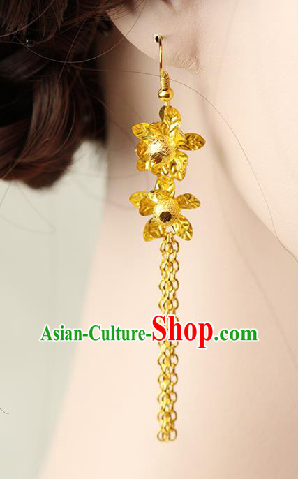 Chinese Ancient Style Hair Jewelry Accessories Wedding Imperial Consort Golden Flower Earrings, Hanfu Xiuhe Suits Bride Handmade Brass Tassel Eardrop for Women