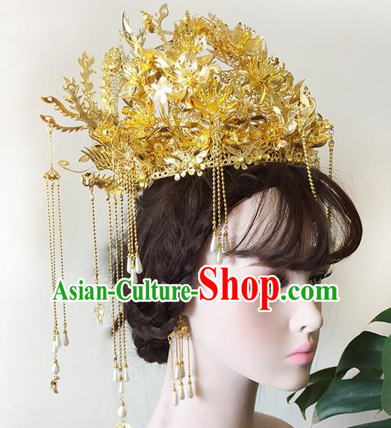 Chinese Ancient Style Hair Jewelry Accessories Wedding White Pearls Tassel Hairpins, Hanfu Xiuhe Suits Step Shake Bride Handmade Phoenix Coronet Hair Fascinators for Women