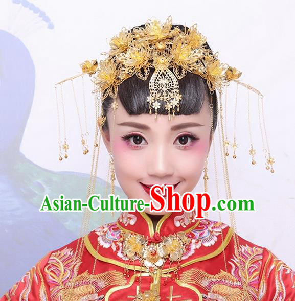 Asian Chinese Ancient Style Hair Jewelry Accessories Wedding Headwear, Hanfu Xiuhe Suits Bride Imperial Empress Handmade Phoenix Coronet Complete Set for Women