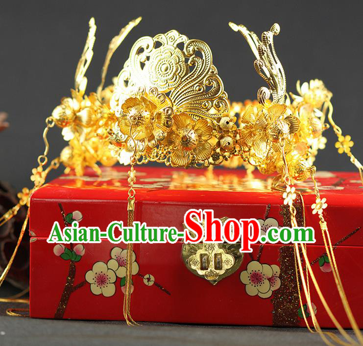 Asian Chinese Ancient Style Hair Jewelry Accessories Wedding Headwear, Hanfu Xiuhe Suits Bride Handmade Phoenix Coronet for Women