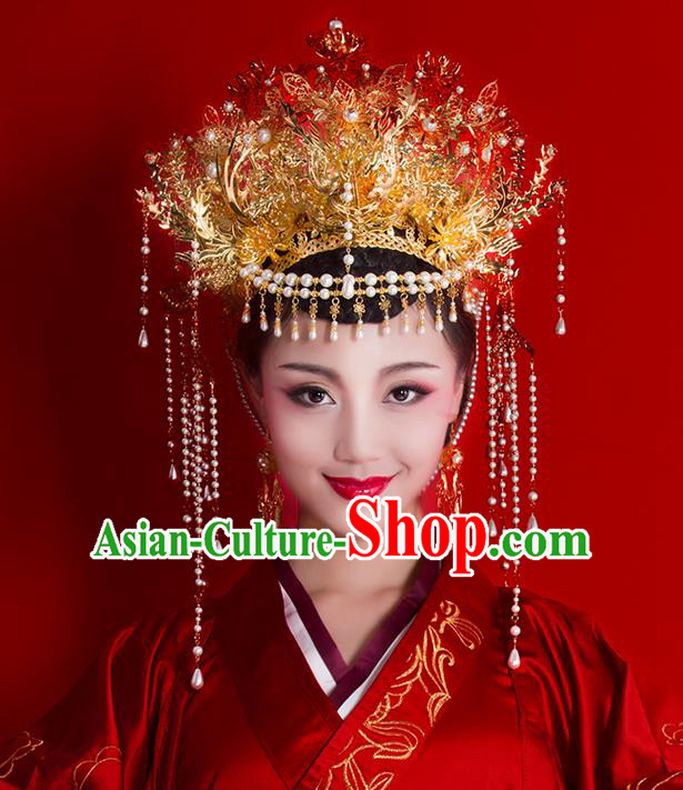 Asian Chinese Ancient Style Hair Jewelry Accessories Wedding Headwear, Hanfu Xiuhe Suits Bride Handmade White Prerls Tassel Phoenix Coronet for Women