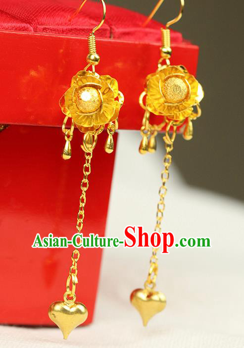 Chinese Ancient Style Hair Jewelry Accessories Wedding Golden Tassel Earrings, Hanfu Xiuhe Suits Bride Handmade Eardrop for Women