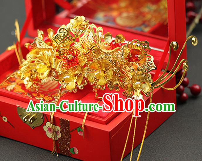 Asian Chinese Ancient Style Hair Jewelry Accessories Wedding Tassel Hairpins, Hanfu Xiuhe Suits Bride Handmade Phoenix Coronet Hair Fascinators for Women