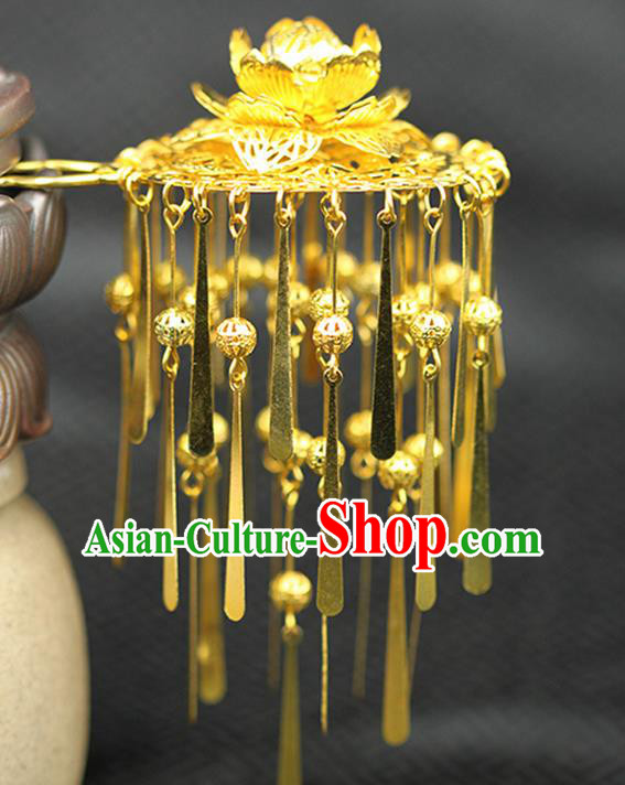 Asian Chinese Ancient Style Hair Jewelry Accessories Wedding Tassel Hairpins, Lotus Step Shake Hanfu Xiuhe Suits Bride Handmade Hair Sticks for Women