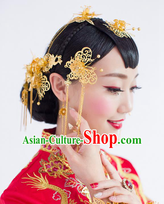 Asian Chinese Ancient Style Hair Jewelry Accessories Wedding Headwear, Hanfu Xiuhe Suits Bride Handmade Tassel Butterfly Hairpins Hair Fascinators Complete Set for Women