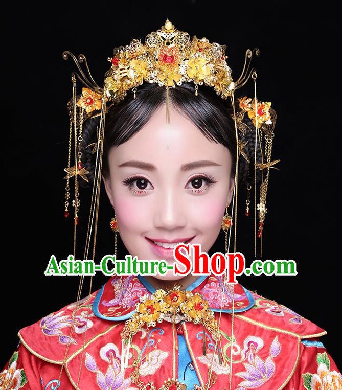 Asian Chinese Ancient Style Hair Jewelry Accessories Wedding Tassel Golden Phoenix Coronet, Step Shake Hanfu Xiuhe Suits Bride Handmade Hairpins Complete Set for Women