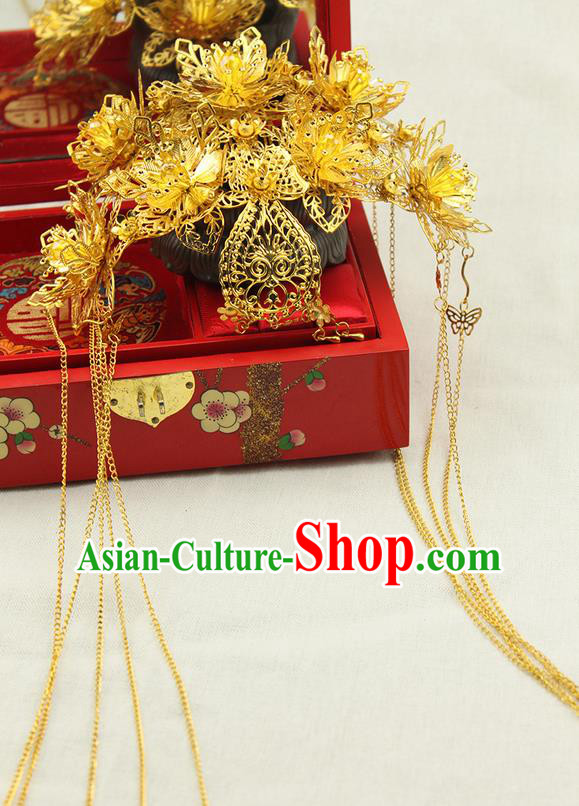 Asian Chinese Ancient Style Hair Jewelry Accessories Wedding Tassel Golden Hair Clasp, Step Shake Hanfu Xiuhe Suits Bride Handmade Phoenix Coronet for Women