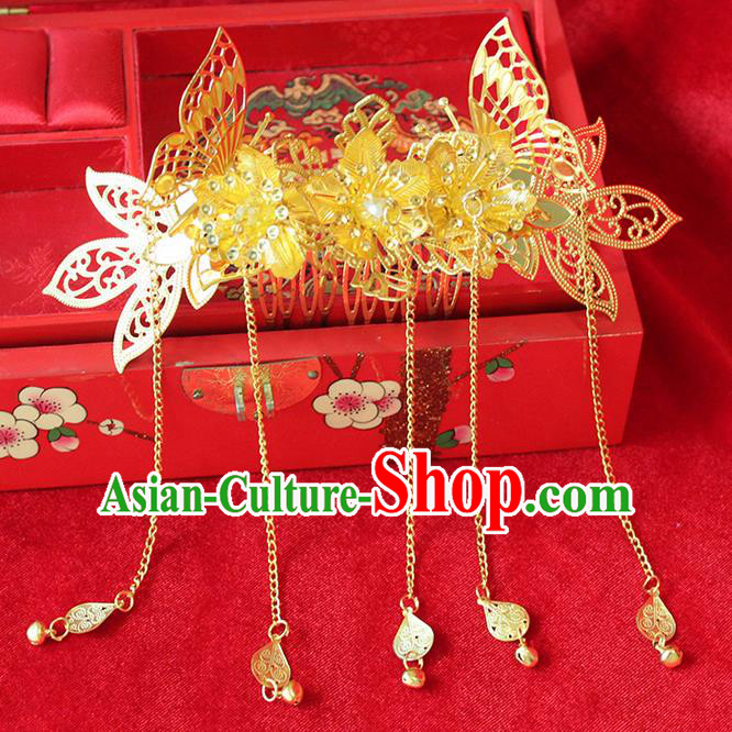 Asian Chinese Ancient Style Hair Jewelry Accessories Wedding Tassel Golden Frontlet, Step Shake Hanfu Xiuhe Suits Bride Handmade Hair Comb for Women