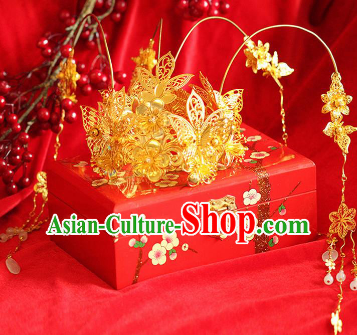 Asian Chinese Ancient Style Hair Jewelry Accessories Wedding Tassel Golden Step Shake , Hanfu Xiuhe Suits Bride Handmade Phoenix Coronet for Women