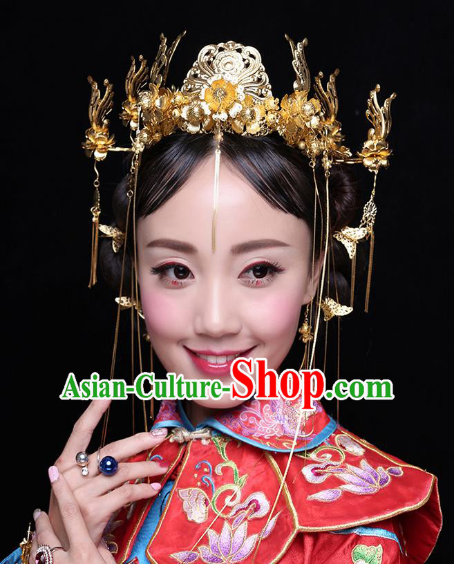 Chinese Ancient Style Hair Jewelry Accessories Wedding Tassel Hairpins, Hanfu Xiuhe Suits Step Shake Bride Handmade Phoenix Coronet Hair Fascinators Complete Set for Women