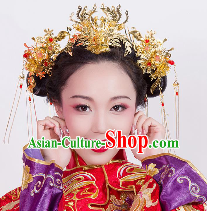 Chinese Ancient Style Hair Jewelry Accessories Wedding Tassel Hair Stick Phoenix Coronet, Hanfu Xiuhe Suits Bride Handmade Hairpins Complete Set for Women