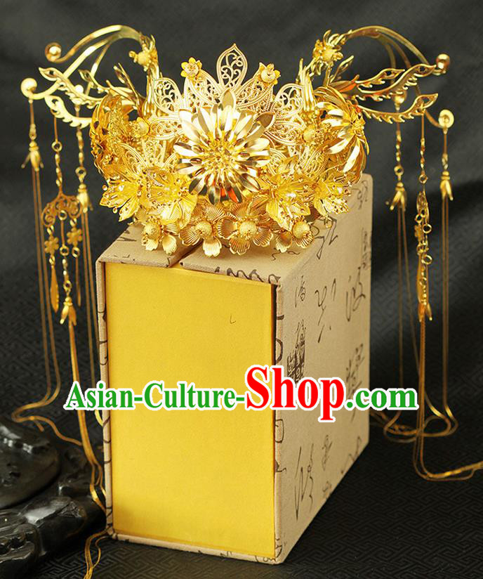 Chinese Ancient Style Hair Jewelry Accessories Wedding Tassel Hairpins, Hanfu Xiuhe Suits Step Shake Bride Tuinga Handmade Phoenix Coronet for Women