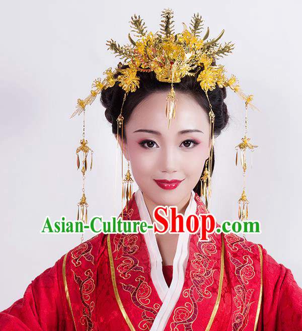 Chinese Ancient Style Hair Jewelry Accessories Wedding Golden Phoenix Coronet Complete Set, Hanfu Xiuhe Suits Step Shake Bride Handmade Hairpins for Women