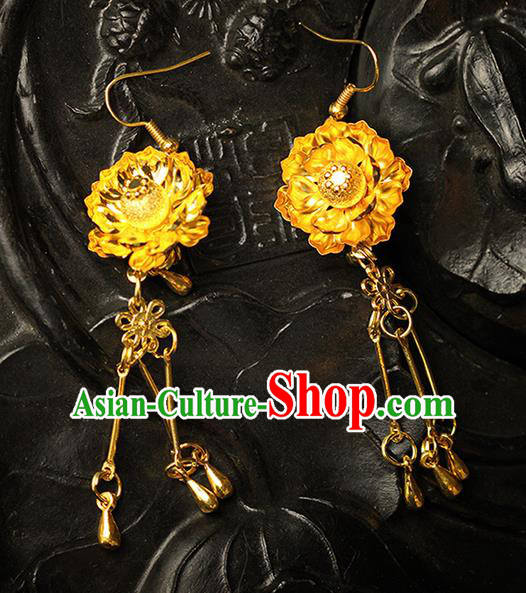 Chinese Ancient Style Hair Jewelry Accessories Wedding Imperial Consort Flower Earrings, Hanfu Xiuhe Suits Bride Handmade Golden Eardrop for Women