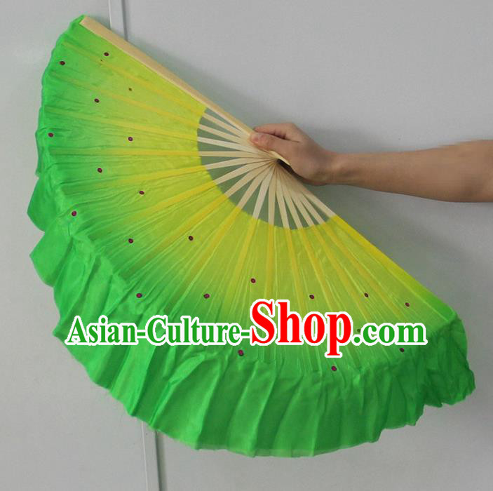 Pure Silk Traditional Chinese Fans Oriental Green Ribbon Fan Folk Dance Cultural Yanko Dance Hand Fan