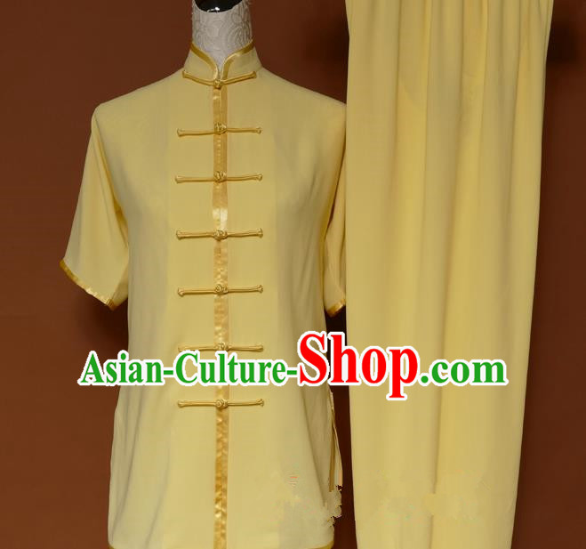 Top Grade Kung Fu Costume Asian Chinese Martial Arts Kung Fu Training Uniform, China Gongfu Shaolin Wushu Yellow Clothing for Women