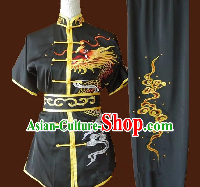 Top Grade Kung Fu Costume Asian Chinese Martial Arts Tai Chi Training Black Uniform, China Embroidery Dragon Gongfu Shaolin Wushu Clothing for Men