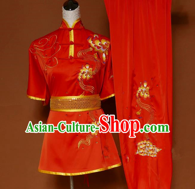 Top Grade Kung Fu Costume Asian Chinese Martial Arts Tai Chi Training Red Uniform, China Embroidery Gongfu Shaolin Wushu Clothing for Men