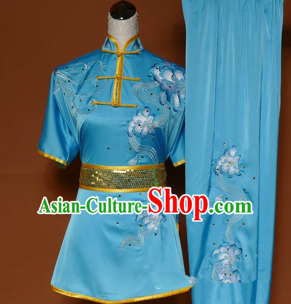 Top Grade Kung Fu Costume Asian Chinese Martial Arts Tai Chi Training Blue Uniform, China Embroidery Gongfu Shaolin Wushu Clothing for Men