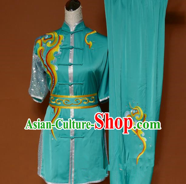 Top Grade Kung Fu Costume Asian Chinese Martial Arts Tai Chi Training Green Uniform, China Embroidery Gongfu Shaolin Wushu Clothing for Men for Women