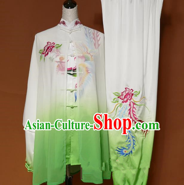 Top Grade Kung Fu Costume Asian Chinese Martial Arts Tai Chi Training White Uniform, China Embroidery Peony Phoenix Gongfu Shaolin Wushu Clothing for Women