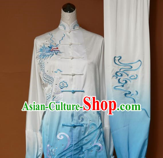 Top Grade Kung Fu Costume Asian Chinese Martial Arts Tai Chi Training Blue Uniform, China Embroidery Dragon Gongfu Shaolin Wushu Clothing for Women