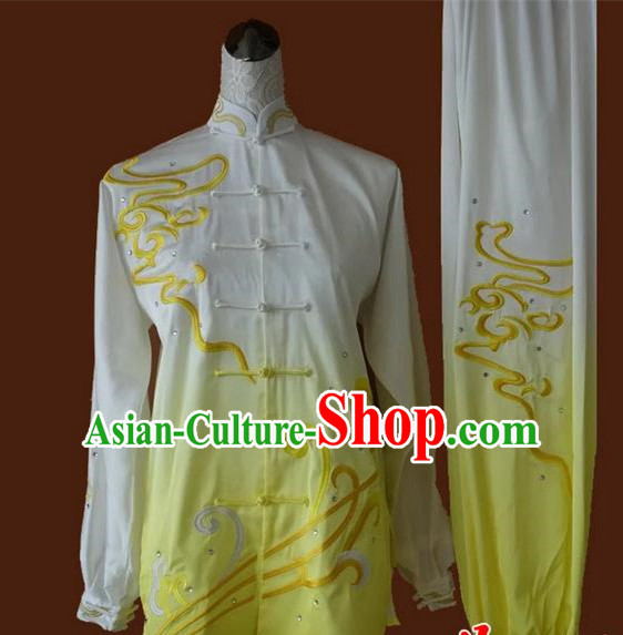 Asian Chinese Top Grade Silk Kung Fu Costume Martial Arts Tai Chi Training Suit, China Embroidery Gongfu Shaolin Wushu Gradient Yellow Uniform for Women