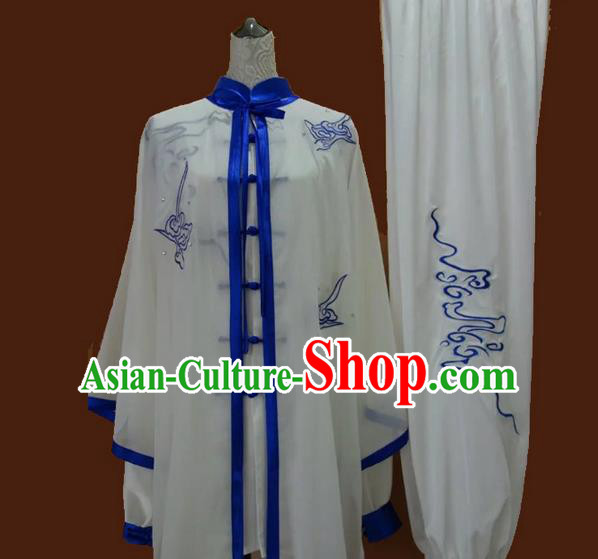 Asian Chinese Top Grade Silk Kung Fu Costume Martial Arts Tai Chi Training Suit, China Gongfu Shaolin Wushu Embroidery Blue Uniform for Women