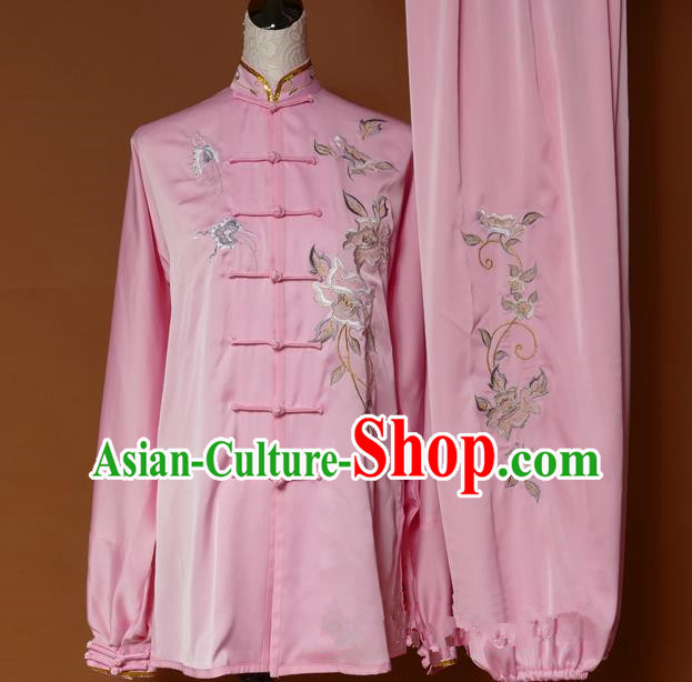 Top Grade Kung Fu Costume Asian Chinese Martial Arts Tai Chi Training Pink Uniform, China Embroidery Butterfly Peony Gongfu Shaolin Wushu Clothing for Women